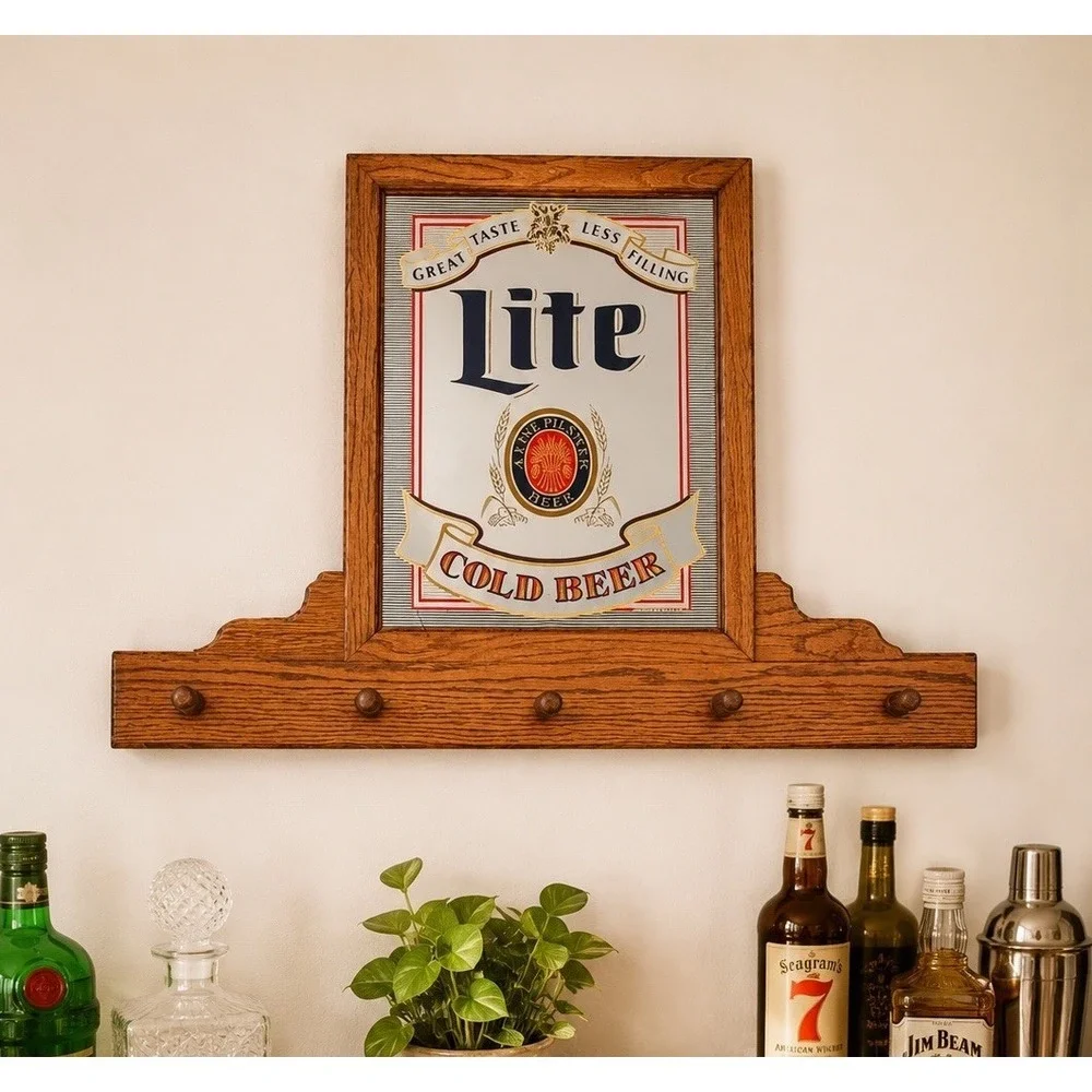 Vintage Miller Lite Beer Bar Mirror/Sign W/ Peg Shelf Attached 35